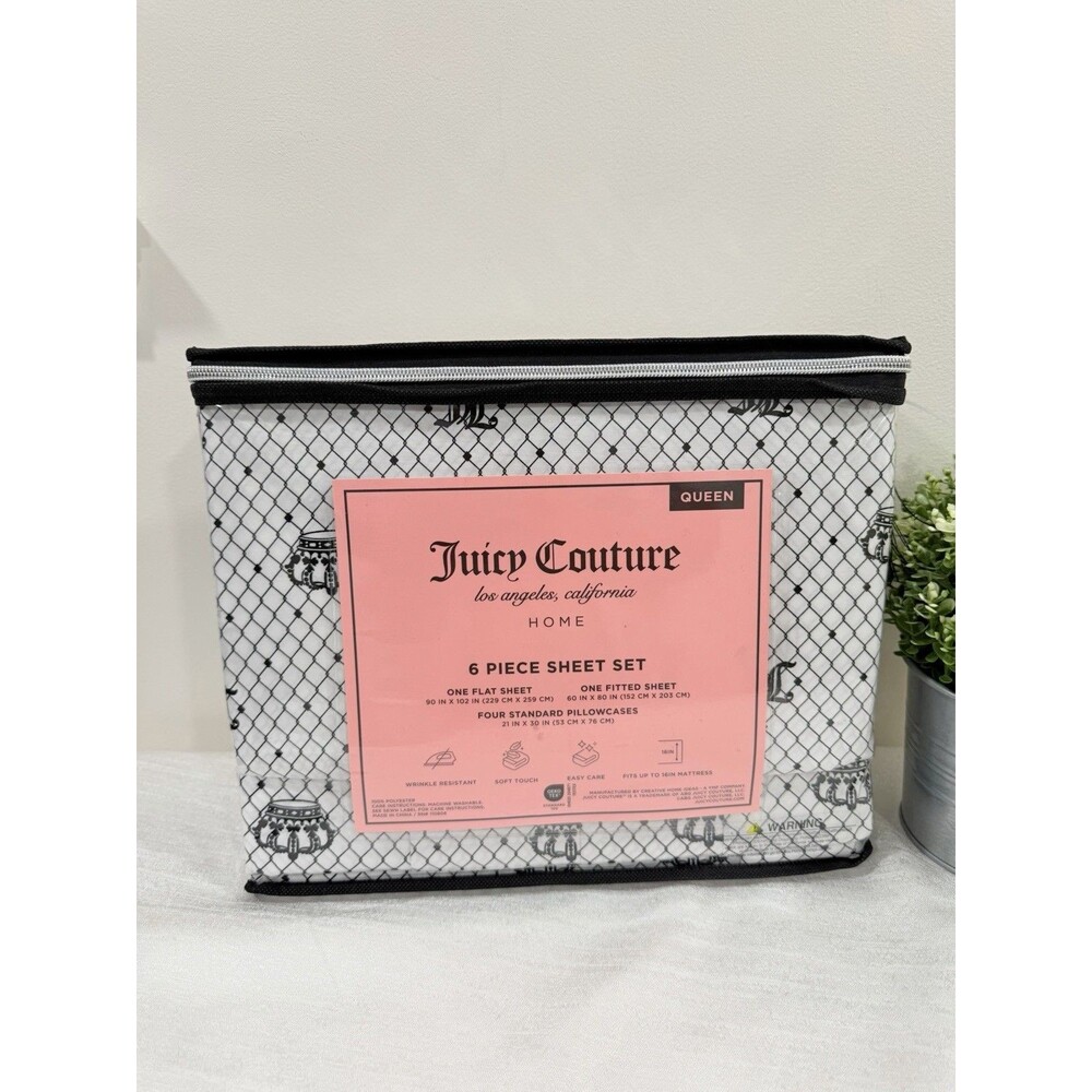 Juicy Couture Queen 6 Piece Sheet Set Black White Crown Logo Y2K Bedding
